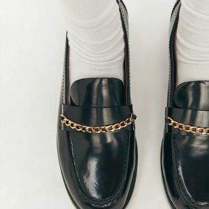 Reformation Black Loafers with Gold Chain
